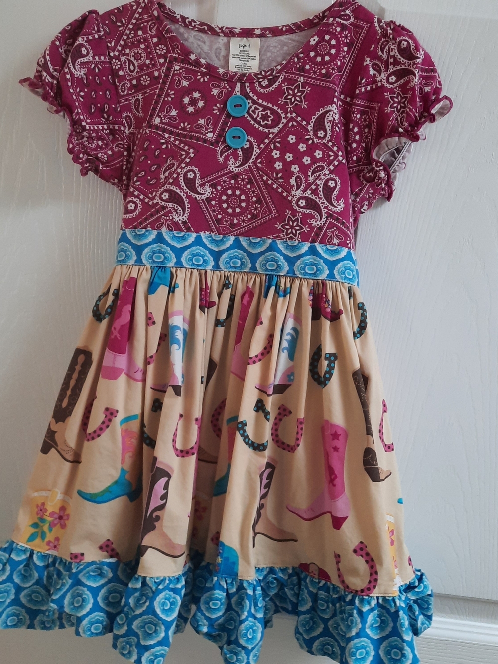 Girls' Red & Tan Cowboy Boot Print Dress With Blue Trim